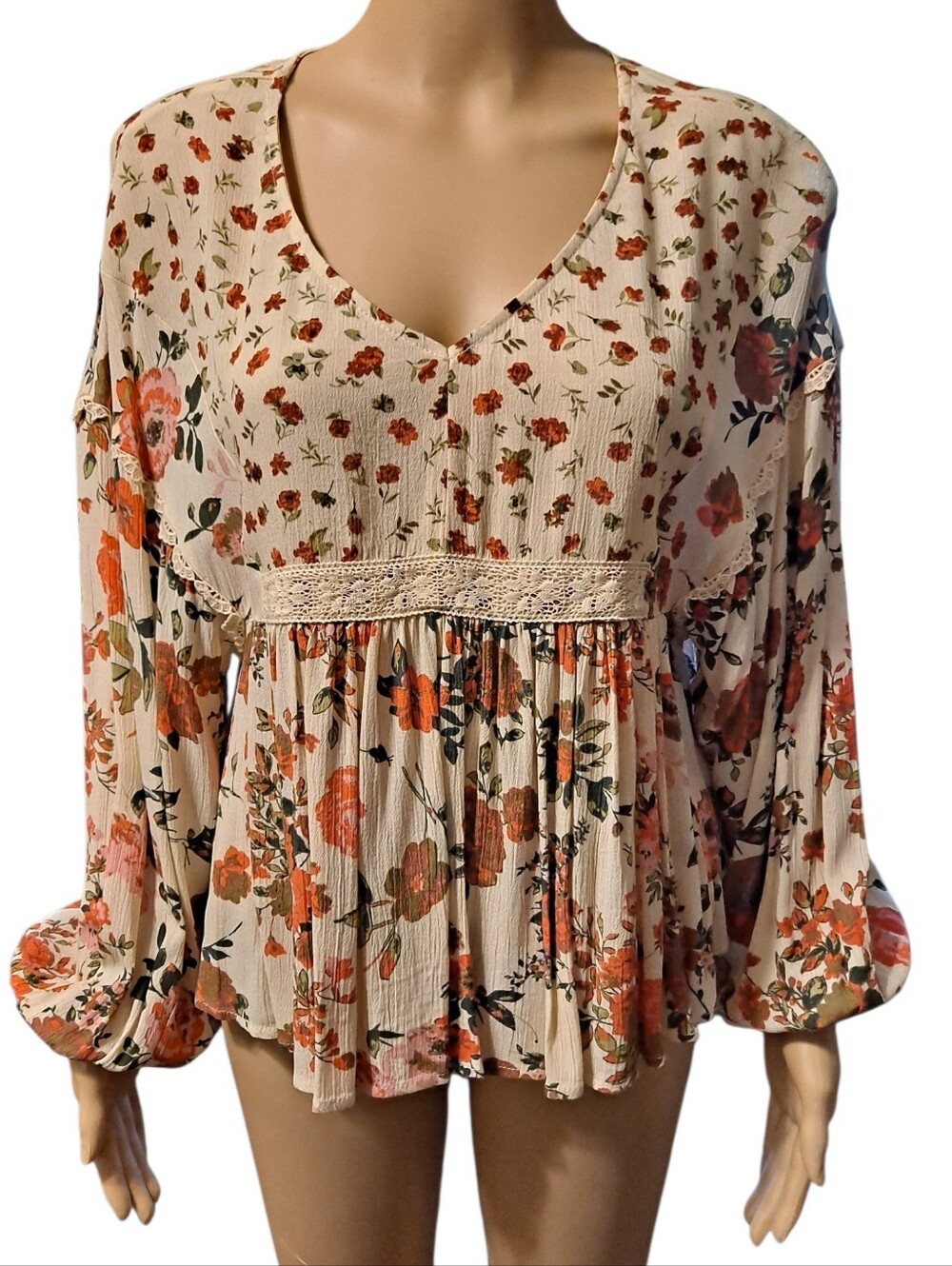 Chelsea & Violet Boho Floral V-Neck Peasant Blouse - Cream with Orange Floral